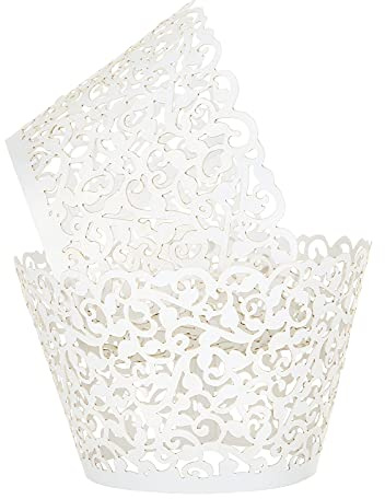 LEMESO 100x Cupcake Wrapper Weiß | Edle Muffinhüllen (Hohl-Design) – Geruchsneutrales Deko-Papier für Hochzeit & Party – 100 Stück Elegante Tortendeko