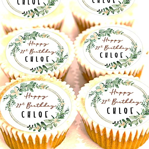 Personalised 21st Birthday Cake Toppers - Your Name Foliage Cupcake Decorations - 4cm x 24 - Edible Icing or Wafer (Edible Wafer)