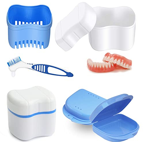 Boîte de Rangement pour Prothèses, Boîte à Prothèses, Boîtes de Dentiers, Conteneur de Prothèses avec Passoire, avec Brosse de Nettoyage pour Dentier, pour Stockage Trempage Nettoyer, Bleu