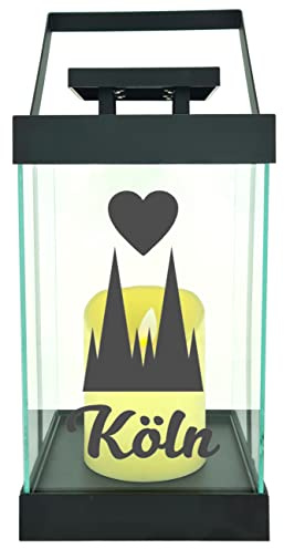 WB wohn trends Edle Glas-Laterne mit LED-Kerze, Kölner Dom Herz Köln, Timer, 35cm hoch mit Bügel, 24,5x13x13cm, Batterie LED-Licht LED-Laterne LED-Lampe mit Text Spruch
