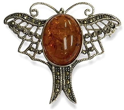 Victorian Style Butterfly Pin Brooch/Pendant with Amber and Marcasite Stone 925 Sterling Silver (Brooch)