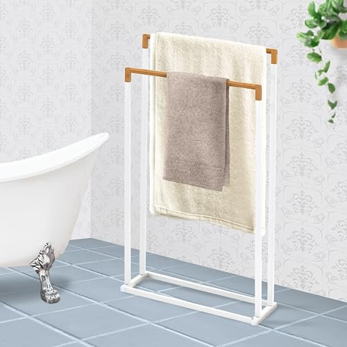 ikloo 2 Tier Freestanding Towel Rack for Bathroom, Metal Towel Holder Stand with Bamboo Bars, Outdoor Towel Drying Rack for Oversized Bath Towel & Blanket, Clothes and Pool Towel Storage