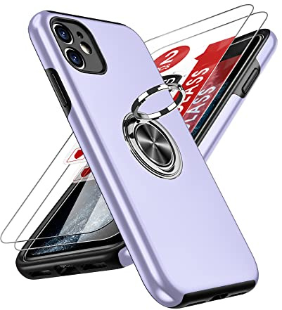 LeYi for Apple iPhone 11 Phone Case with 2 Tempered Screen Protector | with 360 Ring Holder Stand Magnetic Shockproof Heavy Duty Protective Phone Cover for i Phone 11 Purple
