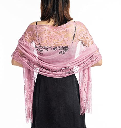 Proumhang Châle Lady Elegance,Châle en Dentelle Floral pour Femme avec Pompons,Echarpes à Franges en Maille Douce pour Robes de Mariage et de Soirée 185cm x 65cm