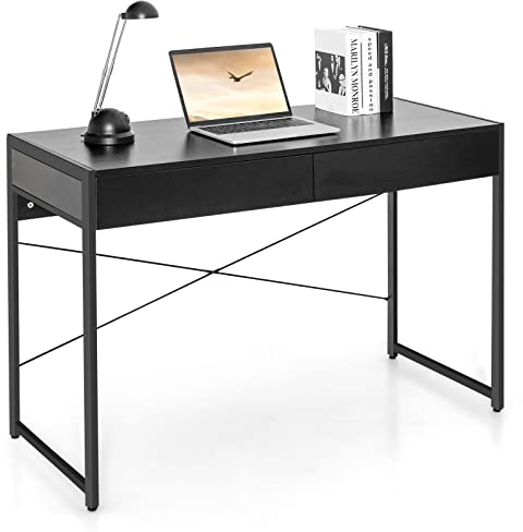 COSTWAY Schreibtisch, Computertisch mit 2 Schubladen, Kleiner Bürotisch, Metall, Industrie-Design, PC Tisch für Arbeitszimmer, Homeoffice, Büro, 112 x 48 x 76 cm (Schwarz)