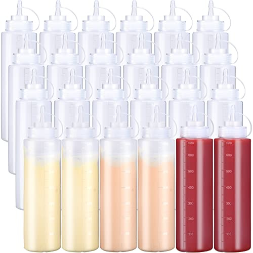 24 Pcs 24 oz Plastic Condiment Squeeze Bottles Squeeze Leak Proof Multipurpose Squirt Bottles with Twist Top Cap for Sauces Ketchup BBQ Syrup Dressings Paint Grilling Crafts Olive Oil Arts, Clear