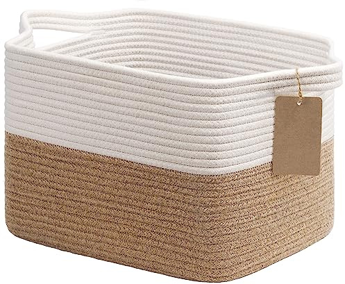 Goodpick Woven Storage Basket for Shelves, Medium Empty Gift Basket with Handles, Square Wicker Dog Toy Baskets, White and Jute Storage Bin, 13 x 10 x 9 Inches