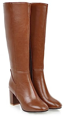 WOkismD Kniehohe Stiefel für Damen, klobiger Absatz, runde Spitze, Kniehohe Stiefel mit seitlichem Reißverschluss, Kunstleder, Blockabsatz, breite Wadenreitstiefel, Übergröße 34–45,Braun,36