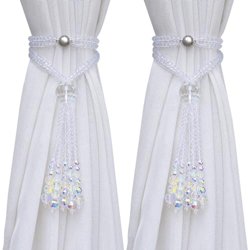 PEDOBO Magnetic Curtain Tiebacks, 2 Pack Crystal Beaded Tassel Sheer/Drapery Curtain Holdbacks, Boho Hanging Decor for Farmhouse Home Office (Crystal AB)