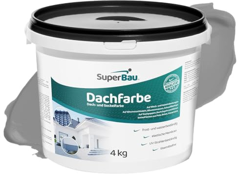SuperBau Dachfarbe Grau 4kg (≈10m²) | Wasserdicht, Für Außen, Für Blechdach, Bitumen, Dachpappe, Schindeln, Putz, Sockelfarbe, Fassadenfarbe