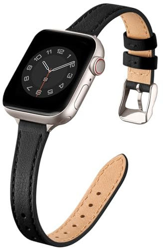 SUNFWR Leather Strap for Apple Watch 42mm(Series 3/2/1)44mm 45mm 46mm Women | Slim&Thin Genuine Leather iWatch Replacement Elegant Band fits iWatch Series 11 10 9 8 7 6 5 4 3 2 1 SE(Black&Starlight)