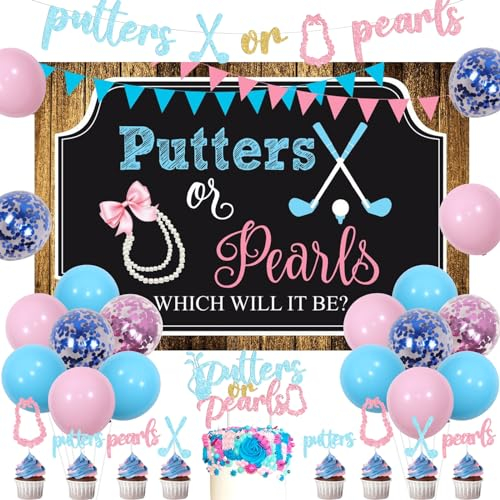 kreat4joy Golf Gender Reveal Dekorationen, Putter oder Perlen, Gender Reveal Dekoration Hintergrund Banner Glitzer Kuchen Cupcake Topper Rosa Blau Ballon für Sie oder Ihn Geschlecht Enthüllung Baby