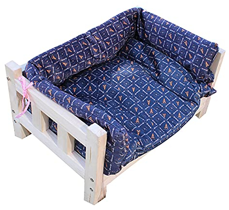 KSTUFF Haustierbett für Sofaseite/Nachttisch, erhöhtes Hundebett-Loungesofa aus Holz mit Blauer waschbarer Matratze, 47 cm–110 cm lang optional (Größe: XL (94 x 56 x 41,5 cm)) Vision