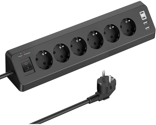 Prise d'angle avec 4 USB(2 Type-C), multiprise à 6 Compartiments avec Interrupteur, multiprise de Protection Contre Les surtensions avec USB C et câble de 2M pour la Cuisine.