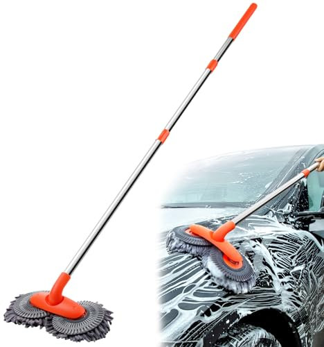 Autowaschbürste mit Doppelter Bürstenkopf, 360° Drehung Teleskop Auto Waschbürste mit 2 Microfaser Chenille Bürstenkopf, 1 Mikrofasertücher, 115CM Autowaschmopp Waschbürste mit Teleskopstiel für Auto