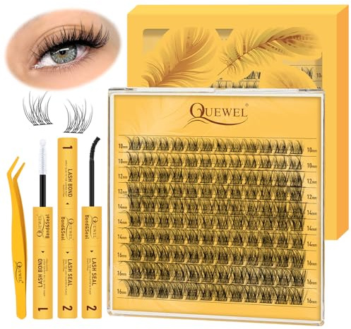 QUEWEL Wimpern-Extensions 120Stk natürliche Einzelne-Wimpern, zartes Lash-Extension-Set 10–16 mm, Cluster-Lashes mit Wimpernkleber und Pinzette, einfach Selbermachen zu Hause (Feder 01)