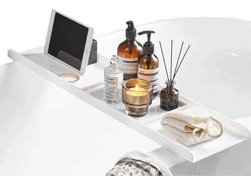 Suixtil Acrylglas-Badewannenablage, Badezimmer-Organisator, Badewannentisch, Badezimmerablage, Badezimmerdekoration, hält Ipad und Bücher Badewannenablage(Weiß,90CM)