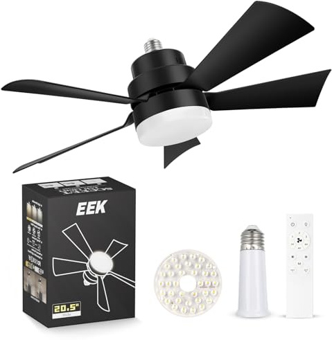EEK Socket Fan Light with Ultra Quiet Design, 20.5″ Ceiling Fans with LED Lights and Remote,Screw in Fan Light for E26/E27,3Speeds 3Colors 3000-6500K,1200 (Black)