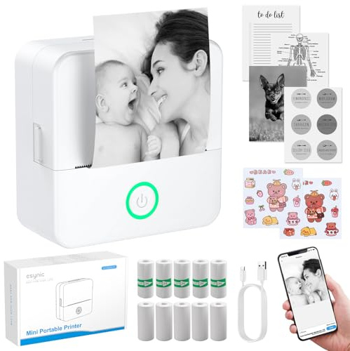 eSynic Mini Drucker – 200 DPI Thermodrucker Bluetooth Drucker für Smartphone, Kompakt und Tragbar, Kein Tintenbedarf, Ideal für Notizen, Etiketten, DIY-Projekte und mehr (Weiß)