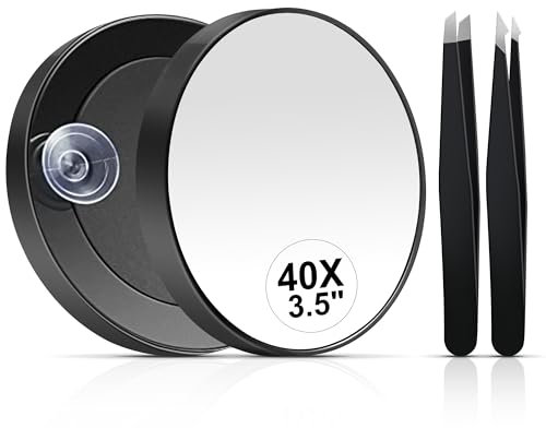 MIYADIVA 40X Magnifying Mirror, Small Magnifying Mirror with Suction Cup and Tweezers, As a Travel Essentials, Compact Mirror Set for Plucking Eyebrows 3.5 Inches