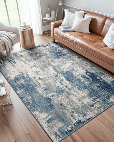 DEFYNEE Abstraktes Teppich Wohnzimmer 150x210 cm, rutschfest, Kurzflor aus Kunstwolle, waschbar, minimalistisch, Bettvorleger für Wohnzimmer, Schlafzimmer & Büro, Grau-Blau