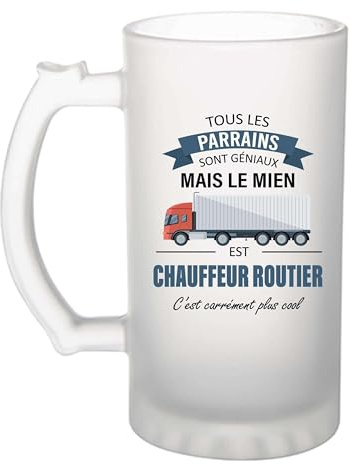 Planetee Chope de bière Parrain Chauffeur Routier | Verre à bière Original Cadeau Anniversaire Noël Humour