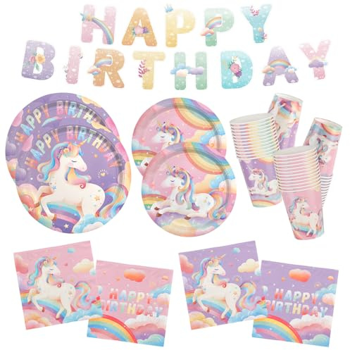 Unicorn Birthday Party Supplies Kit for 16 Guests - for Unicorn Birthday Decorations, Includes Dinner & Dessert Plates, Napkins, Cups and Banner for 1st Birthday Party Decorations