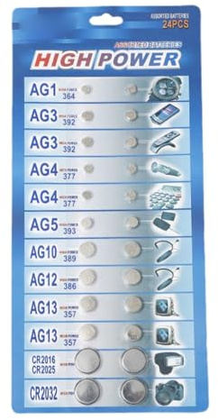Xuanxi Juego de 24 pilas AG1/AG3/AG4//AG5/AG10/AG12/AG13 para reloj, cámara, botón mixto, pila de botón CR2016 CR2025