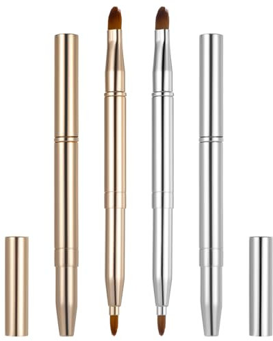2PCS Lip Brush, Double-ended Lip Makeup Brushes Retractable Lips Brushes Travel Makeup Brush Set for Lipstick Eyeshadow Lips Gloss Include Lid(Gold Silver)