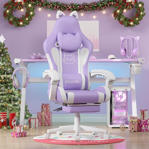 bigzzia Sedia Gaming Carina con Orecchie di Gatto, Sedia da Gioco con supporto Lombare Massaggiante, Sedia Ergonomica per Computer per Ragazza con Poggiapiedi e Poggiatesta (Viola e bianco)