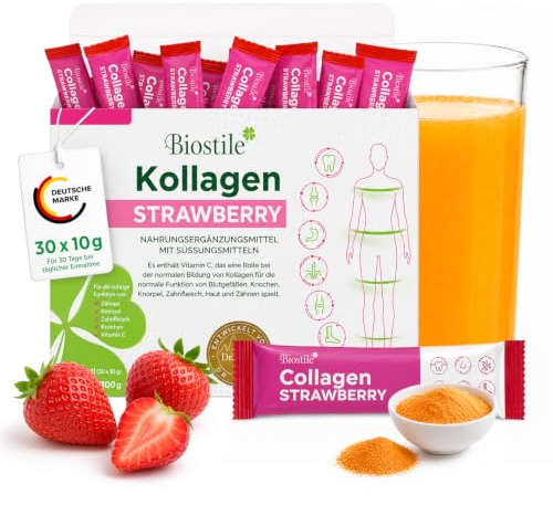 Biostile Collagen Strawberry – 30 Beutel mit 5 Quellen von hydrolysiertem Kollagen, Vitamin C, Kurkumin und Shilajit für Haut, Gelenke und Knochen