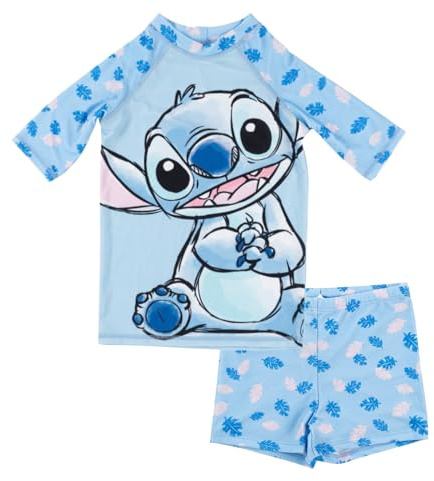 United Labels Disney Lilo & Stitch Badeanzug zweiteilig UV Schutz 30 für Mädchen, Blau, 122/128, Bademode Kinder mit Shirt und Badehose, Badebekleidung