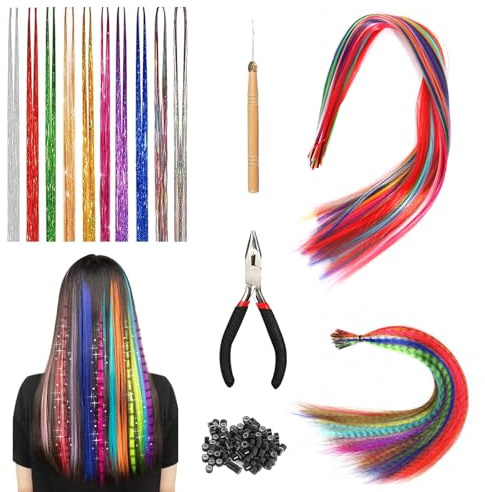 Bunte Haarverlängerungs Set 60 Stück Bunte Feder Haarverlängerungs Set mit Perückenzangenhaken und 100 Perlen Unsichtbar Haarsträhnen Kinder Haarsträhnen zum Einklipsen (3 Stile)