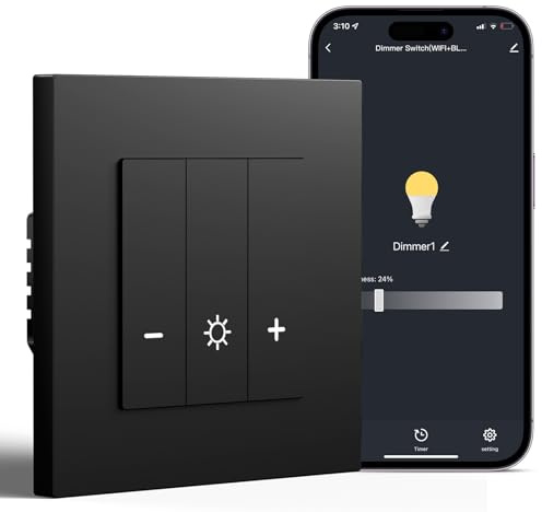 BSEED WiFi Interrupteur Variateur 1 Gang 1 Voie Compatible avec Amazon Alexa et Google Home avec Cadre PC,Smart Interrupteur Dimmable pour Lampes LED 240 V(Nécessite Fil Neutre),Noir