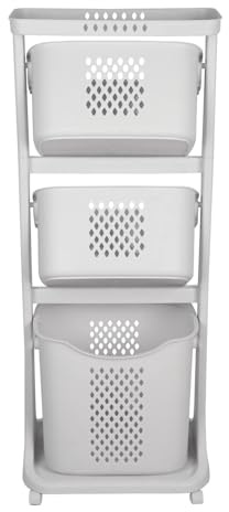 Panier à linge,Chariot de rangement de cuisine, Corbeille À linge avec 3 Paniers Amovibles, avec roulettes,moderne, special salle de bain et buanderie, pour jouets,44 x 33 x 110 cm (1 pièce) - Blanc