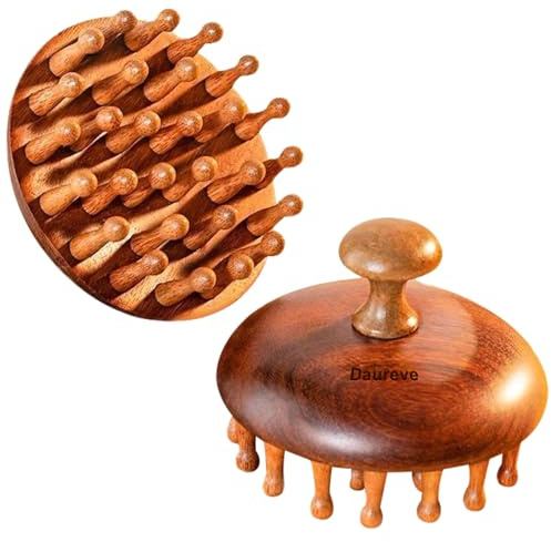 Daureve 28 Teeth Sandalwood Head Massager - Round Wooden Scalp Brush for Hair Growth & Relaxation, Gua Sha Body Massage Tool