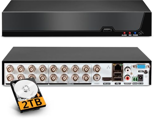 16 Channel CCTV Camera Systems with 2 TB HDD, 5MP H.265+ Surveillance DVR Recorder for 6 in 1 Analog XVI AHD TVI CVBS CVI IP Cameras, DVR for Security Home Surveillance System, Mobile APP PC Remote