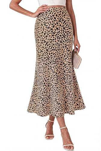 BTFBM Midi Skirts for Women 2026 Summer Spring Lightweight A Line High Waisted Wedding Guest Party Silk Long Skirt(Leopard Print, XX-Large)