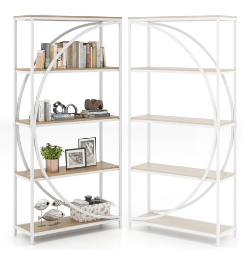 HOMASIS Bücherregal mit 5 Ebenen, Standregal aus Metallrahmen & Holz, industrielles Aufbewahrungsregal bis zu 120 kg tragen, Regal Büroregal für Wohnzimmer, Arbeitszimmer, Büro (Natur, Halbkreis)