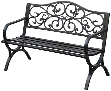 SXKLYRF 50 in Wrought Iron Outdoor Garden Bench, Metal Patio Park Bench with Floral Pattern Backrest, Arch Legs for Porch Yard Lawn Deck, Black