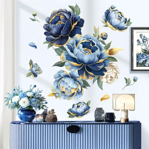 decalmile Pegatinas de Pared Flores Azul Vinilos Decorativos Floral Peonía Hojas Adhesivos Pared Habitación Niña Dormitorio Salón