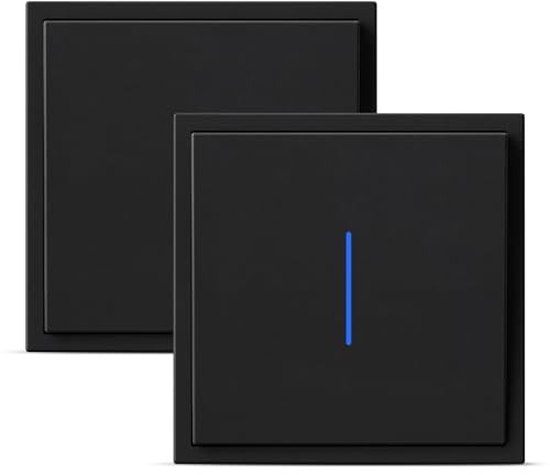 BSEED Interruptor Empotrado, Interruptor Pulsador con Terminal Enchufable, 1 Gang 1 Vía Light Switch con Indicador Luminoso LED y Marco de PC, Negro, 80X80mm-2Pack