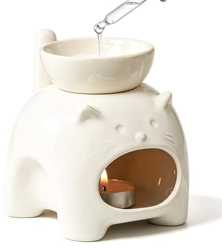 Lampada profumata in ceramica retrò con gatto spesso, bianco, ciotola rimovibile, lampada aromatica per oli essenziali e cera profumata, portacandele da tè