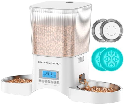 HoneyGuaridan Distributeur Automatique de Nourriture pour 2 Chats/Chiens | Distributeur Croquettes Chat Automatique avec 2 Gamelles, 3.5L Mangeoire Auto avec Minuterie, Double Alimentation