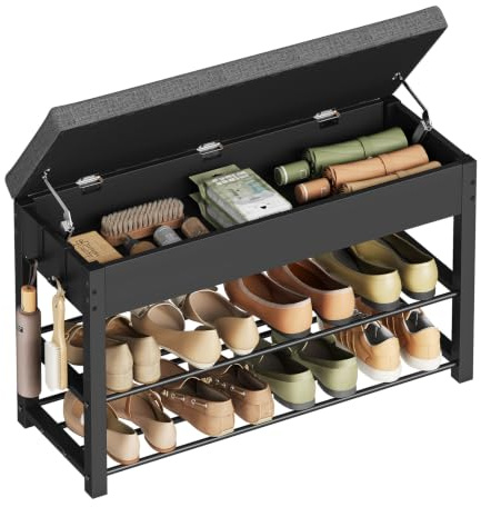 WOLTU Shoe Rack, Upholstered Shoe Bench with Hidden Storage Compartment, 2-Tier Shelf and 2 Hooks, Metal Frame and Linen-Effect Seat, for Bedroom/Hallway, 80x30x50 cm, Black+Dark Grey