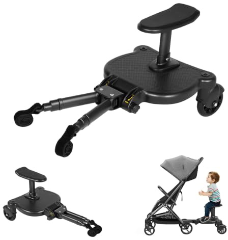 BTGSHYNM Universal Buggy Board med säte, 360° rullbräda, 2-i-1 stegbräda | 33,2 × 24,5 cm, 25 kg bärkraft, avtagbar sits med stoppning, 360° tvåhjulsdesign, kiddyboard för barn från 3–7 år