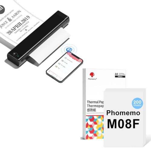Phomemo M08F A4 Schwarz Tragbarer Drucker mit 200 Blatt A4 Thermopapier, Kabelloser Bluetooth Mobildrucker für Reisen, Auto, Büro & Zuhause
