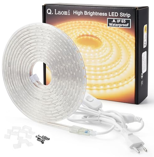 Q.Laomi Striscia LED con Interruttore, Striscia LED 220v senza Trasformatore, Impermeabile IP65 LED Striscia Adesiva Strip LED, 6M, Bianco Caldo