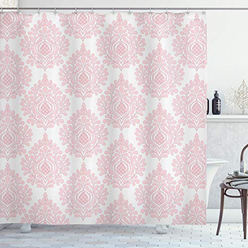 ABAKUHAUS Damast Duschvorhang, Rosa Victorian Pattern, Stoffliches Gewebe Badezimmerdekorationsset mit Haken, 175 x 200 cm, Pink und Weiß