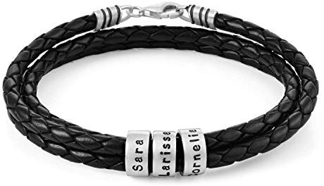 MyNameNecklace MYKA Personalisierte Herren Armband Geflochten mit kleinen Gravur Perlen Leder - Weihnachten Graviert Name Schmuck Geschenk für Männer - Vater - Freund